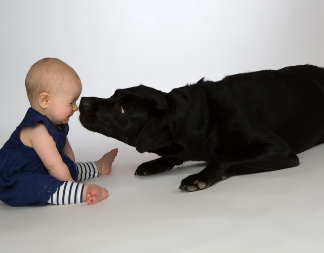 Babybilder mit Hund im Fotoatelier Blickfang von Fotografin Leonie Baumgärtner aus Murg.